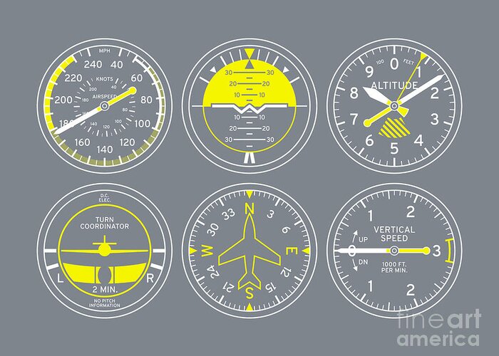 Aircraft Greeting Card featuring the digital art Aircraft Flight Instruments - 6 Pack Grey by Organic Synthesis