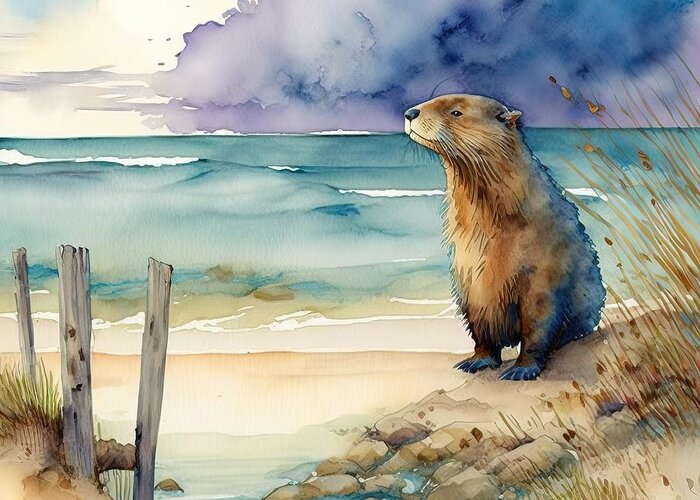 Wild Greeting Card featuring the painting Beaver At Beach by N Akkash