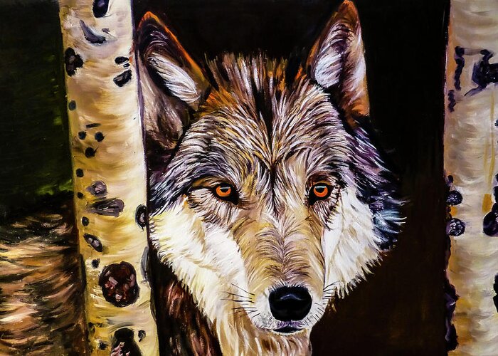 Brown Greeting Card featuring the painting Alfie Wolf by Rowan Lyford