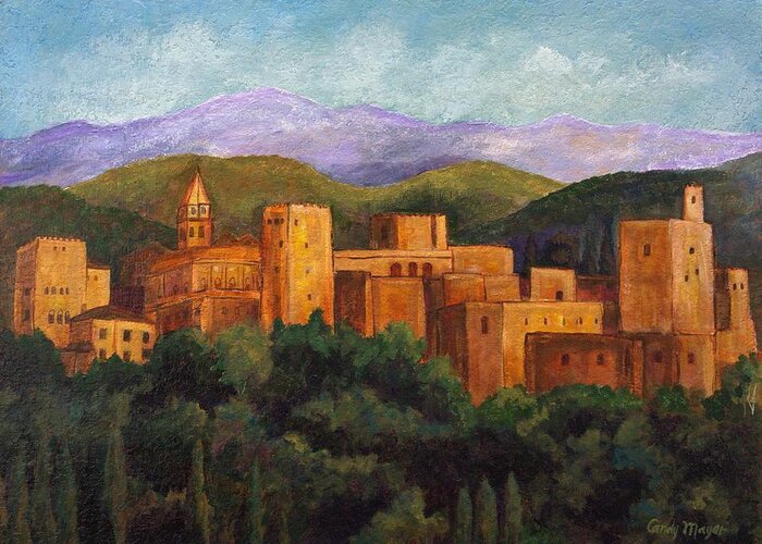 Alhambra Landscape Greeting Card featuring the painting Alhambra at Sunset by Candy Mayer