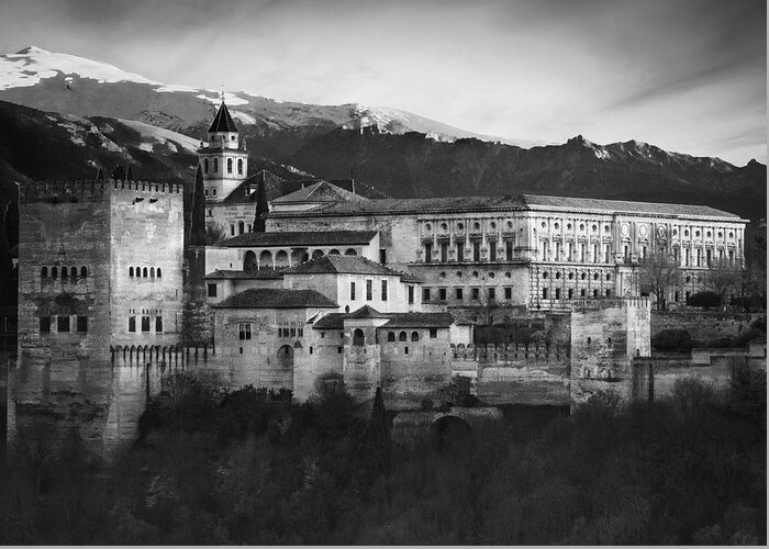 Alhambra Greeting Card featuring the photograph Alhambra in Granada Spain BW by Rebecca Herranen