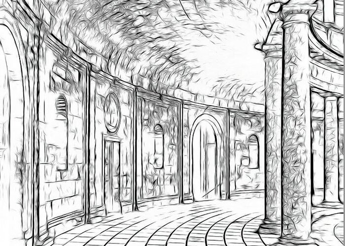 Alhambra Greeting Card featuring the drawing Alhambra Palace Corridor by Rebecca Herranen