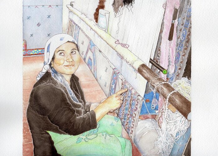 Woman Weaving Cloth At Loom Greeting Card featuring the painting 'Ali-Asghar's wife, Sakinih Sultan, working at the loom of the family's silk-weaving business by Sue Podger