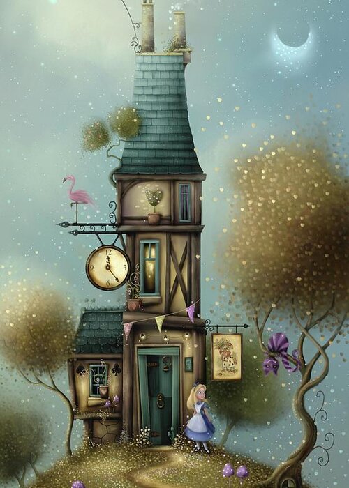 Alice In Wonderland Greeting Card featuring the painting Alice in wonderland. A Curious House. by Joe Gilronan