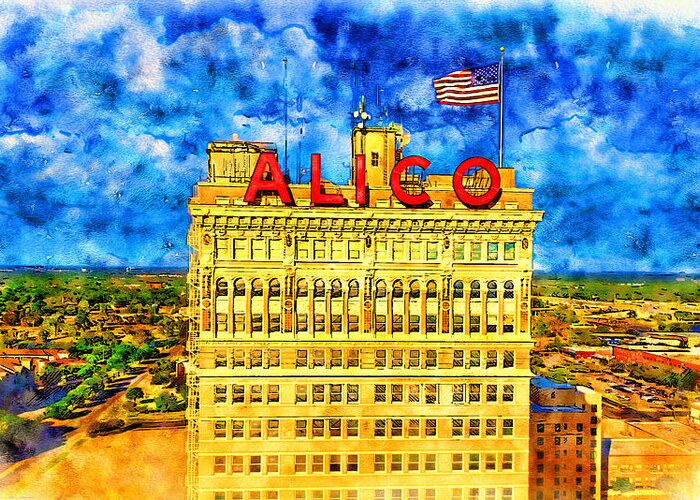Alico Building Greeting Card featuring the digital art ALICO Building in downtown Waco, Texas - pen and watercolor by Nicko Prints