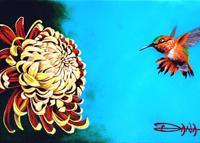 Birds Greeting Card featuring the painting Allen's Hummingbird and Chrysanthemum by Dana Newman
