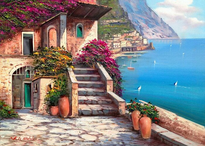 Amalfi panorama painting Italian seaside original oil canvas artwork painter De Meglio Southern Italy home decor wall art handmade frame