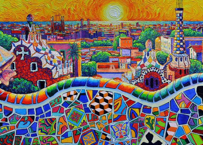 Barcelona Greeting Card featuring the painting AMAZING BARCELONA PARK GUELL SUNRISE textural impasto palette knife oil painting Ana Maria Edulescu by Ana Maria Edulescu