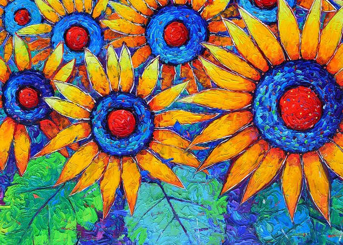 Sunflower Greeting Card featuring the painting AMAZING SUNFLOWERS textural impasto palette knife oil painting Provence landscape Ana Maria Edulescu by Ana Maria Edulescu