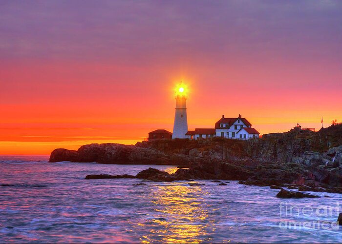 Portland Head Light Greeting Card featuring the photograph Amazing Sunrise Iconic Portland Head Light by Wayne Moran