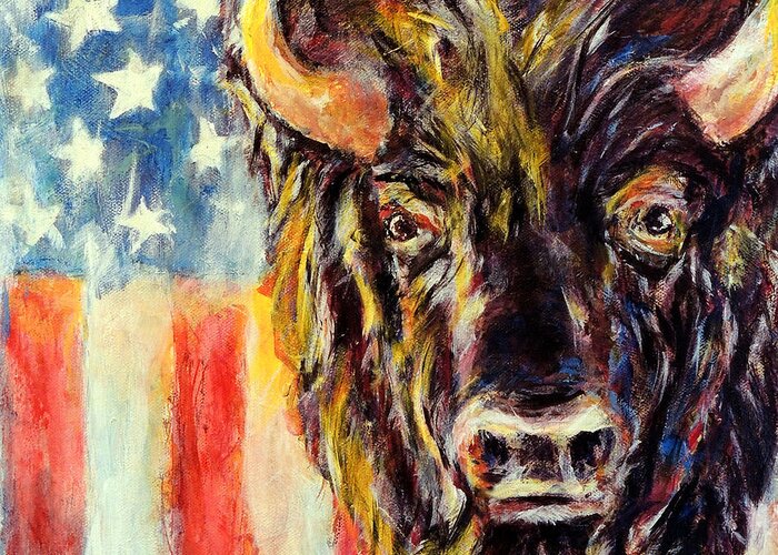 American Buffalo Flag Patriotic Greeting Card featuring the painting American Buffalo by John Bohn