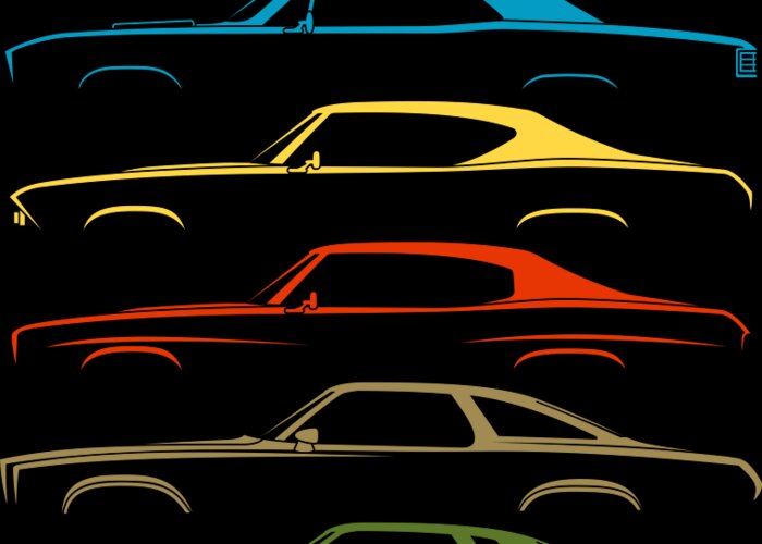 Silhouettes Of Chevrolet Chevelle Three Generations Through Six Model Years Mixed Color Graphics On Black Background Greeting Card featuring the digital art American Icon SilhouetteHistory by Gabor Vida