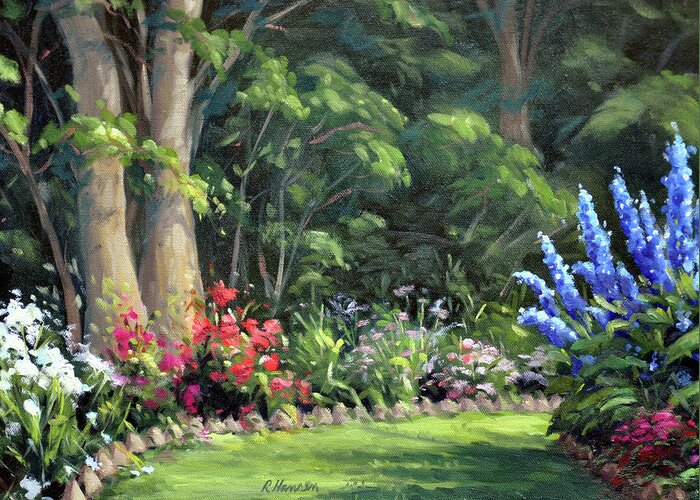 Delphiniums Greeting Card featuring the painting America's Garden, the Red,White and Blue by Rick Hansen