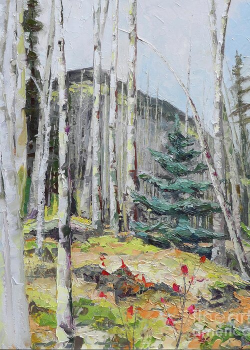 Aspen Greeting Card featuring the painting Among the Aspen, 2018 by PJ Kirk