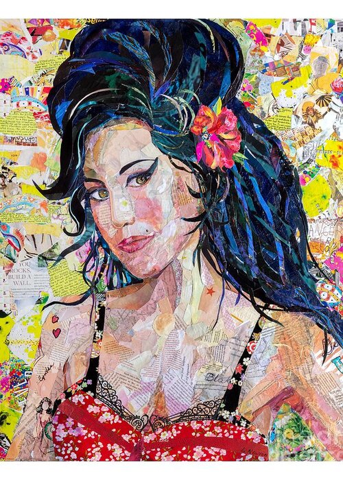 Mixed Media Collage Tornpaper Magazines Reclaimed Portrait Portraits Singer Singers Celebrity Star Woman Women Amy Winehouse Hair Beehive Greeting Card featuring the mixed media Amy by Li Newton