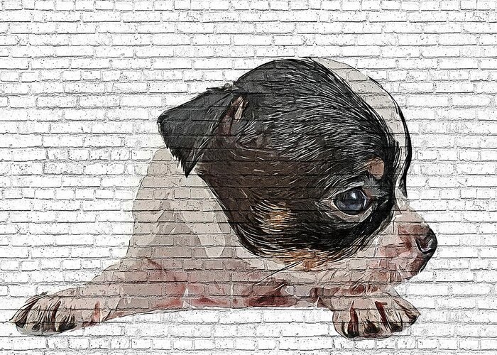 Angel Greeting Card featuring the painting An Angel, Black and White Chihuahua Dog Puppy - Brick Block Background by Custom Pet Portrait Art Studio
