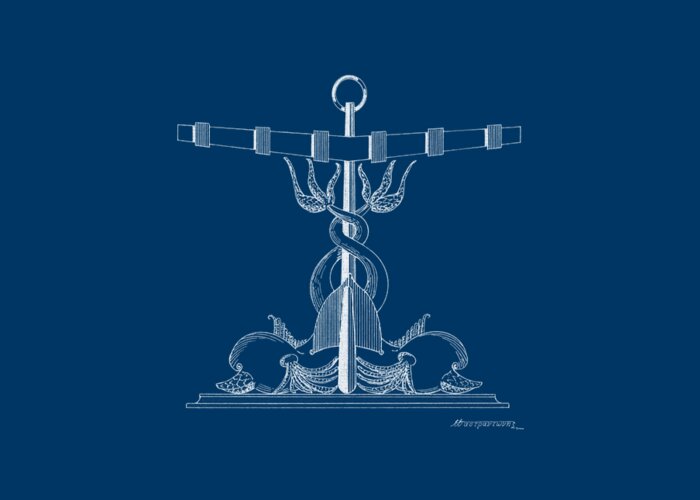Sailing Vessels Greeting Card featuring the drawing Anchor with dolphins - blueprint by Panagiotis Mastrantonis