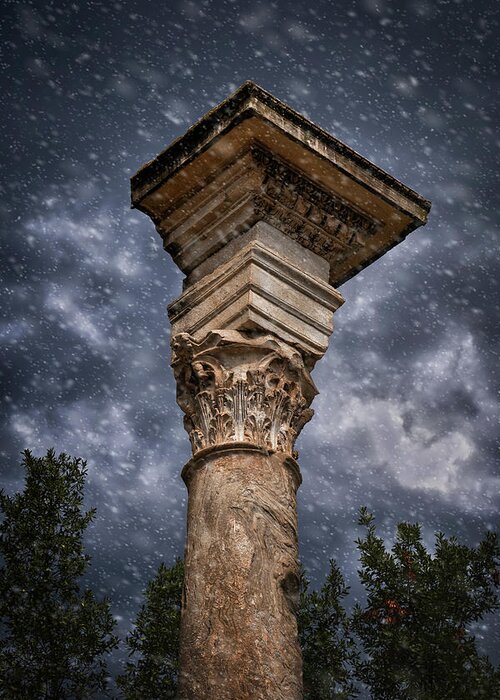 Ancient Greeting Card featuring the photograph Ancient Corinthian Column Against Stormy Sky by Artur Bogacki