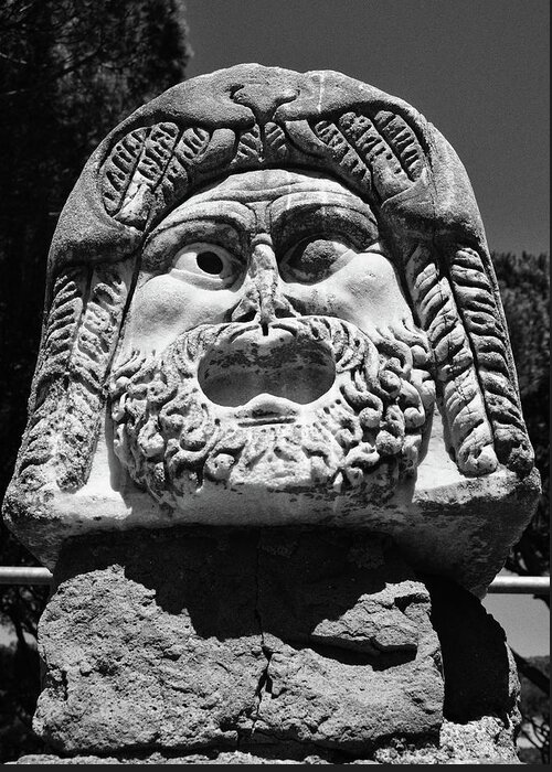 Ostia Antica Greeting Card featuring the photograph Ancient Marble Mask of the Arts Theater Ruins Ostia Antica Black and White by Shawn O'Brien