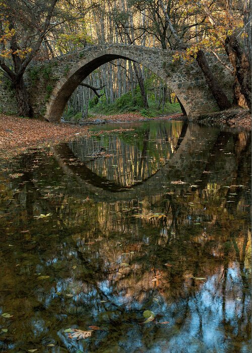 Autumn Greeting Card featuring the photograph Ancient venetian bridge of Tzelefos in Cyprus in autumn by Michalakis Ppalis