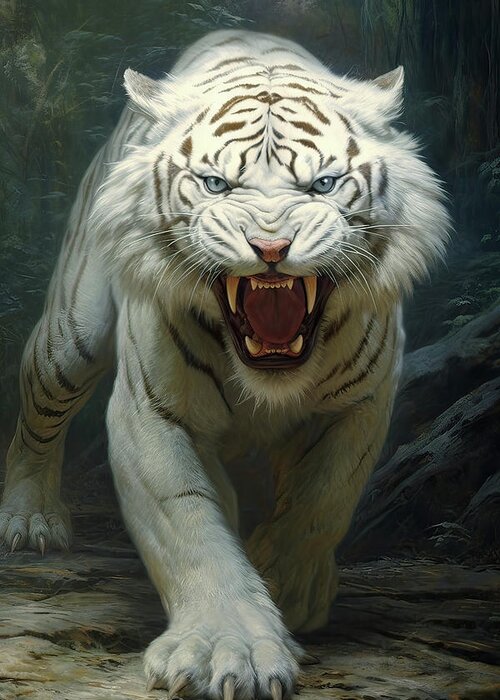 White Tiger Greeting Card featuring the digital art Angry White Tiger by Daniel Eskridge