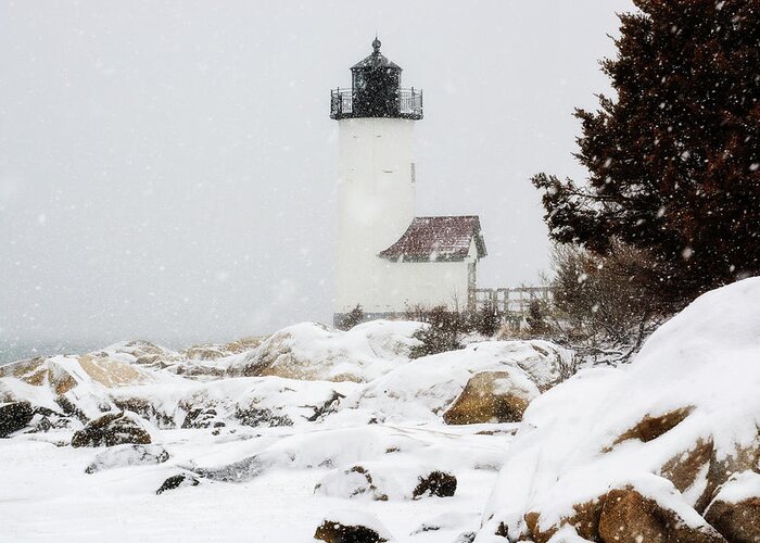 Annisquam Lighthouse Greeting Card featuring the photograph Annisquam Squall by Michael Hubley