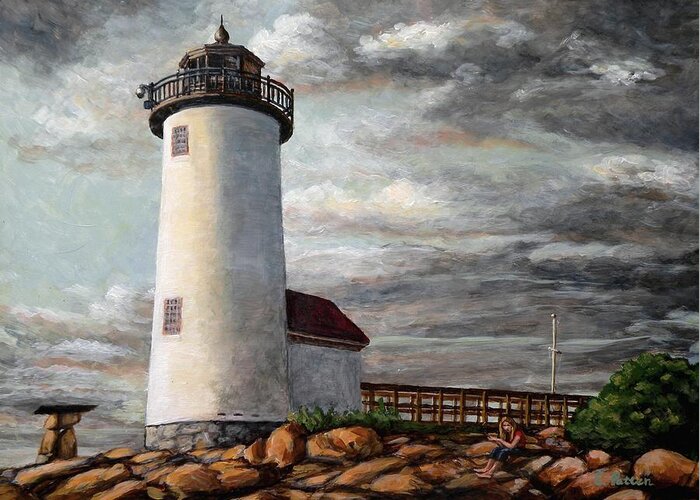 Lighthouse Greeting Card featuring the painting Annisquam Storm clouds by Eileen Patten Oliver