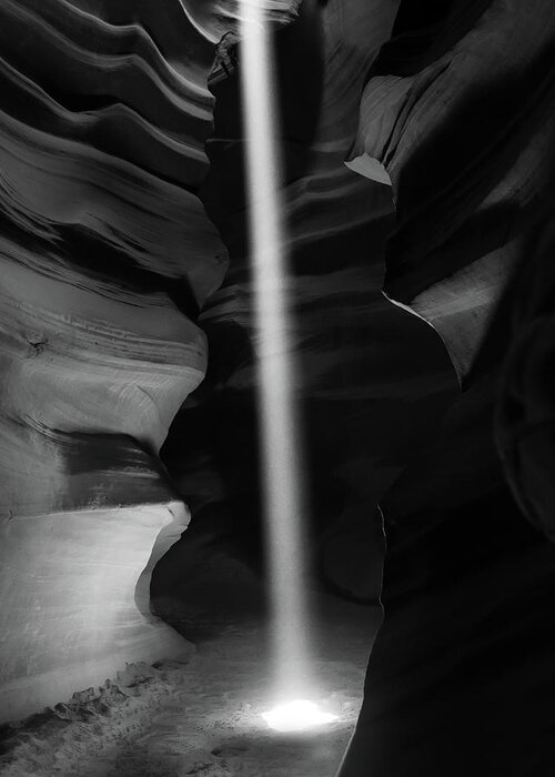 Antelope Canyon Greeting Card featuring the photograph Antelope Canyon Phantom Light - Black and White by Gregory Ballos