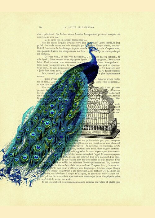Peacock Greeting Card featuring the digital art Antique bird cage peacock art by Madame Memento