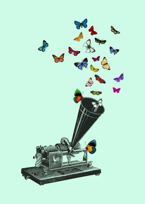 Phonograph Greeting Card featuring the digital art Antique Gramophone With Fluttering Butterflies by Madame Memento