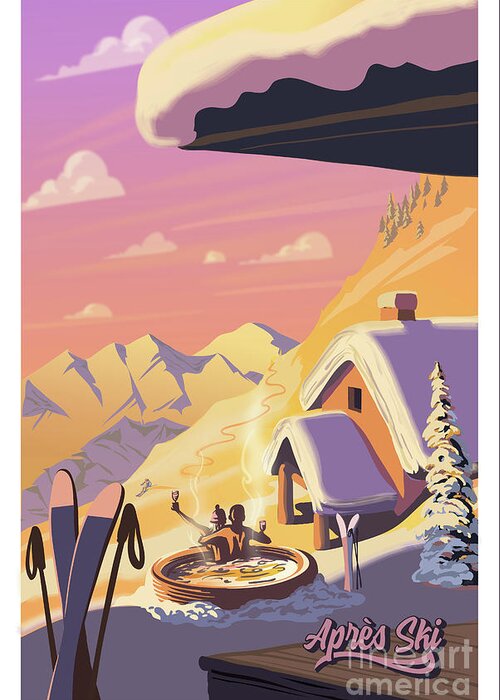 Après Ski Retro Poster Art Greeting Card featuring the painting Apres Ski Retro poster art by Sassan Filsoof