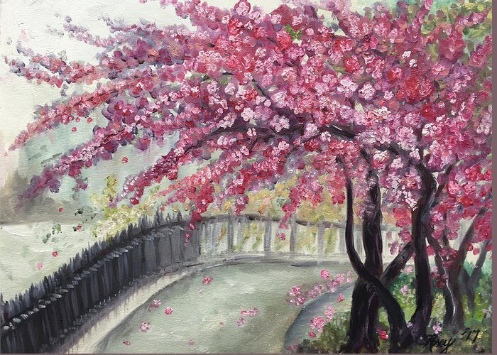 Paris Greeting Card featuring the painting April in Paris Cherry Blossoms by Roxy Rich