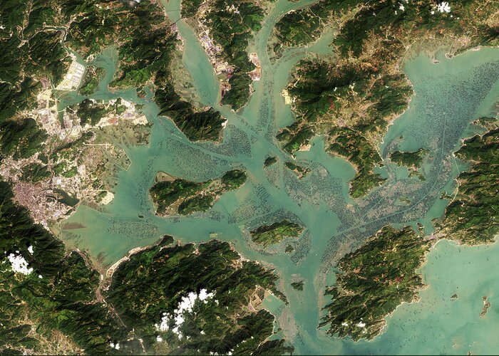 Satellite Image Greeting Card featuring the digital art Aquaculture in Sansha Bay, China by Christian Pauschert
