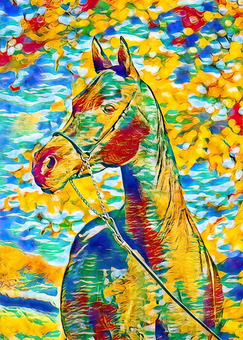 Arabian Horse Greeting Card featuring the digital art Arabian horse colorful portrait in blue, cyan, green, yellow and red by Nicko Prints