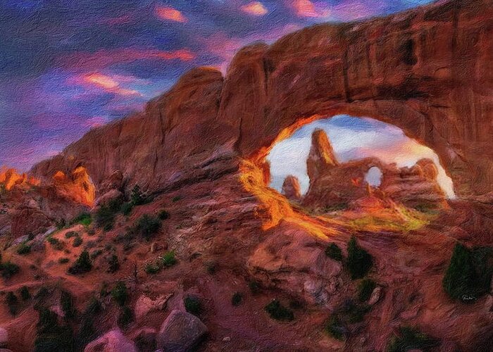 Arches Greeting Card featuring the digital art Arches at Sunset - Utah by Russ Harris