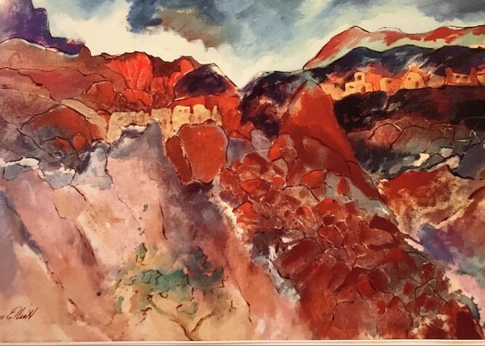 Southwest Landscape Greeting Card featuring the painting Arizona Cave Dwellings by Elaine Elliott