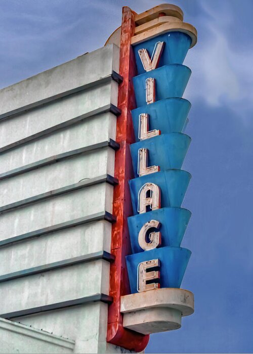 Theater Greeting Card featuring the photograph Art Deco Neon Village Theater by Matthew Bamberg