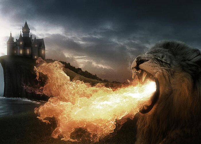 Lion Greeting Card featuring the digital art Art - Lion of Fire by Matthias Zegveld