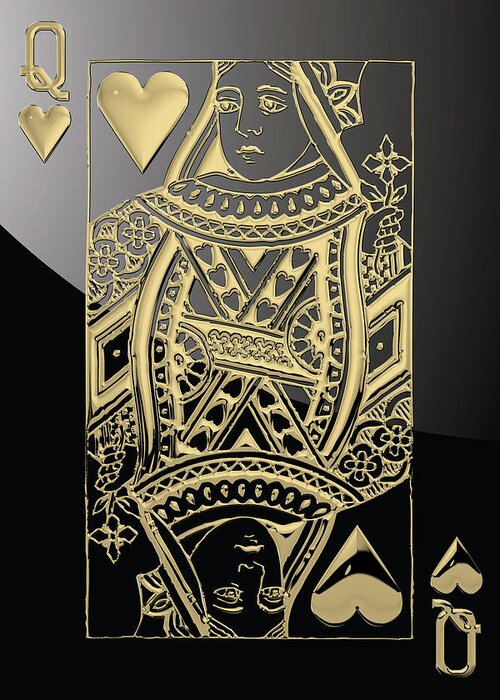 'gamble' Collection By Serge Averbukh Greeting Card featuring the digital art Queen of Hearts in Gold on Black by Serge Averbukh