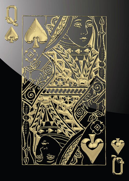 'gamble' Collection By Serge Averbukh Greeting Card featuring the digital art Queen of Spades in Gold on Black  by Serge Averbukh