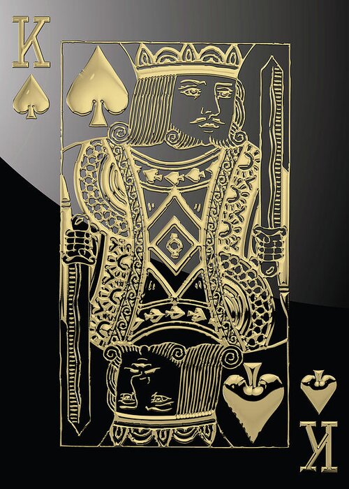 'gamble' Collection By Serge Averbukh Greeting Card featuring the digital art King of Spades in Gold on Black  by Serge Averbukh