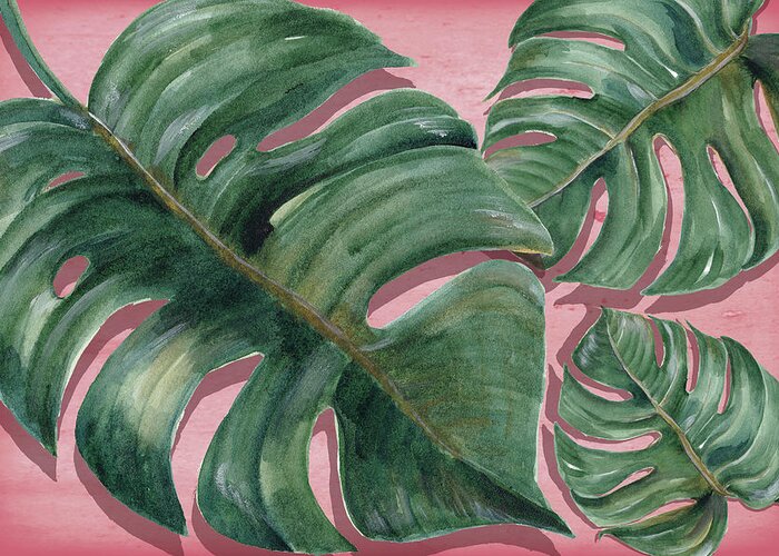 Monstera Leaves Greeting Card featuring the painting Monstera Tropical Leaves by Mark Ashkenazi