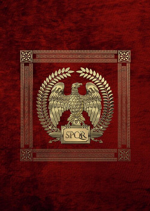 ‘treasures Of Rome’ Collection By Serge Averbukh Greeting Card featuring the digital art Roman Empire - Gold Imperial Eagle over Red Velvet by Serge Averbukh