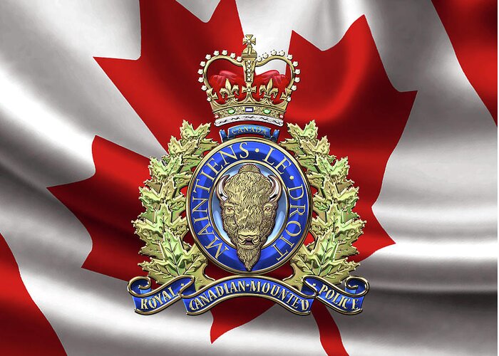 'insignia & Heraldry' Collection By Serge Averbukh Greeting Card featuring the digital art Royal Canadian Mounted Police - R C M P Badge over Canadian Flag by Serge Averbukh