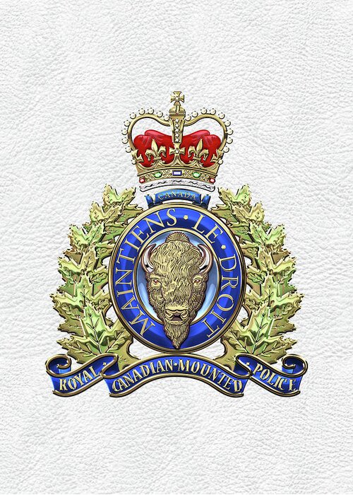 'insignia & Heraldry' Collection By Serge Averbukh Greeting Card featuring the digital art Royal Canadian Mounted Police - R C M P Badge over White Leather by Serge Averbukh