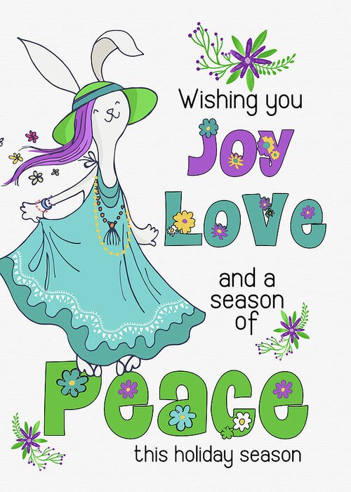 Christmas Greeting Card featuring the digital art Retro Hippie Joy Love and Peace Dancing Holiday Bunny #2 by Doreen Erhardt