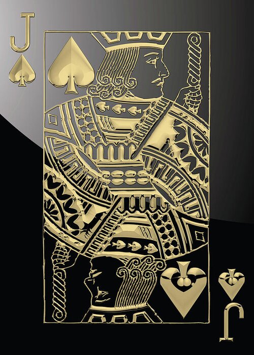 'gamble' Collection By Serge Averbukh Greeting Card featuring the digital art Jack of Spades in Gold over Black by Serge Averbukh