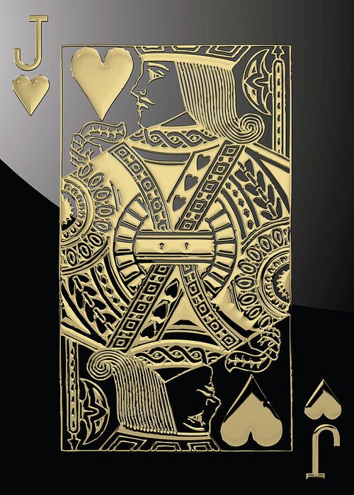 'gamble' Collection By Serge Averbukh Greeting Card featuring the digital art Jack of Hearts in Gold over Black by Serge Averbukh