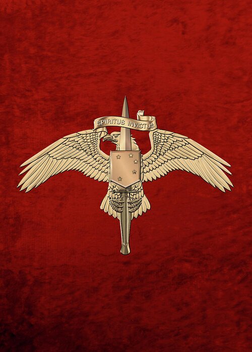 Military Insignia & Heraldry Collection By Serge Averbukh Greeting Card featuring the digital art Marine Special Operator Insignia - USMC Raider Dagger Badge over Red Velvet by Serge Averbukh