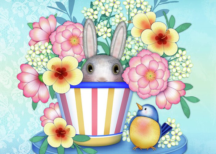 Still Life Greeting Card featuring the digital art Peekaboo Bunny and Bird by Valerie Drake Lesiak